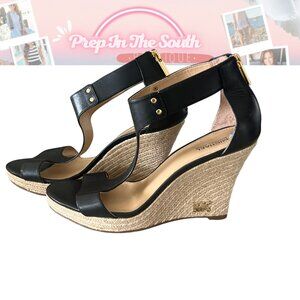 Michael Kors Kimberly Black Leather T-Strap Espadrille Wedge Sandals 7.5
